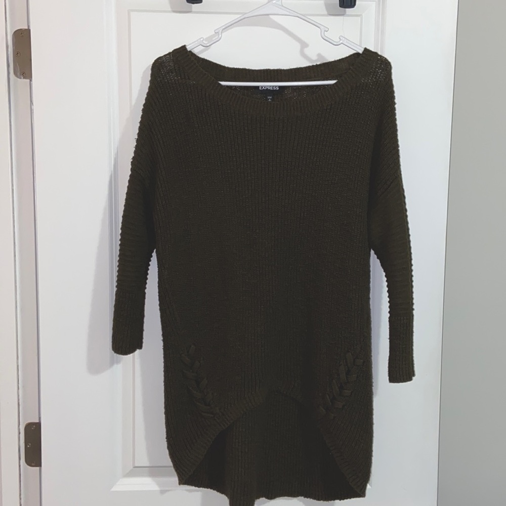 Olive green sweater with braided detail at the bottom, size small